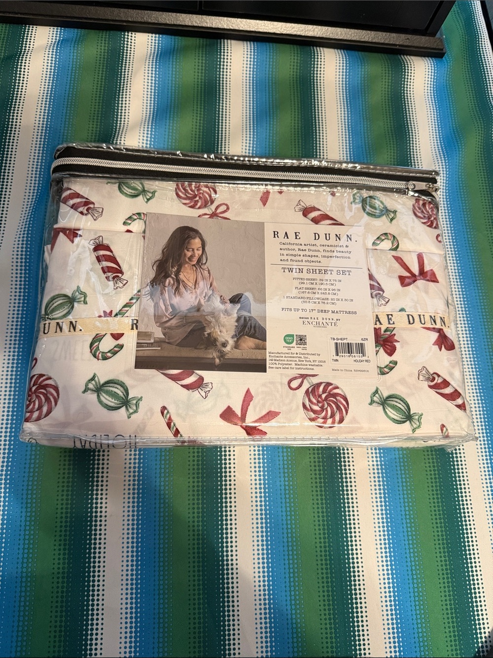 Rae Dunn Candy-Print Twin Sheet Set - Red & Green on White